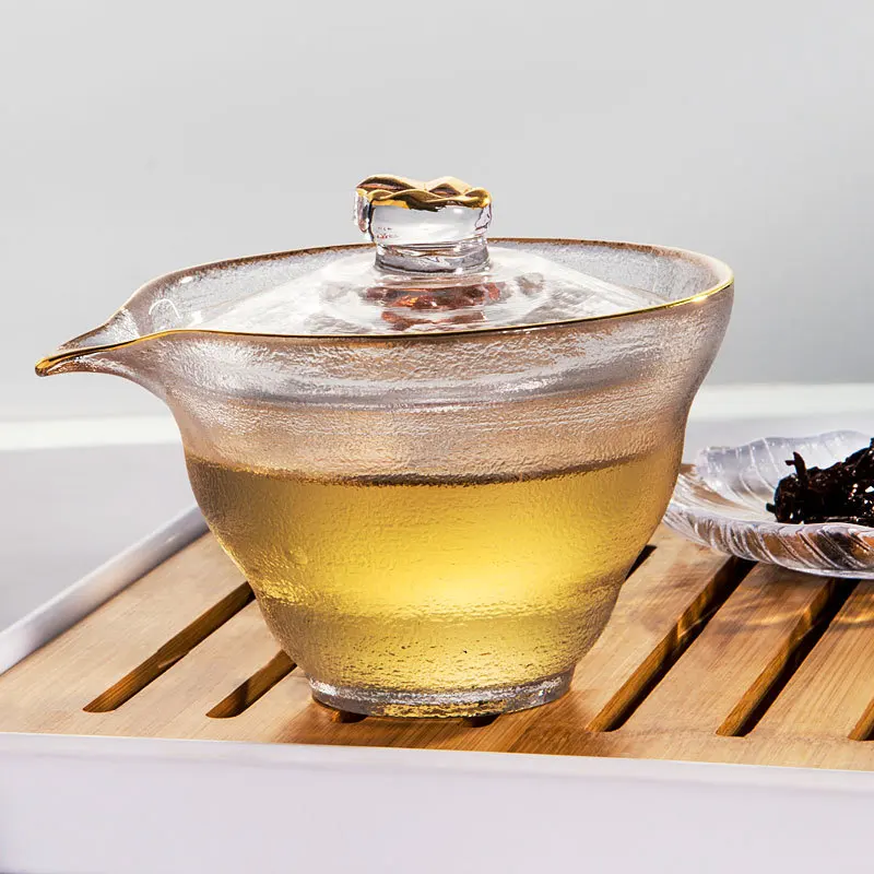 Japanese Style Glass Gaiwan Tea Cup and Lid Gold Painted Gongfu Tea Bowl Chinese Bowl 150ml