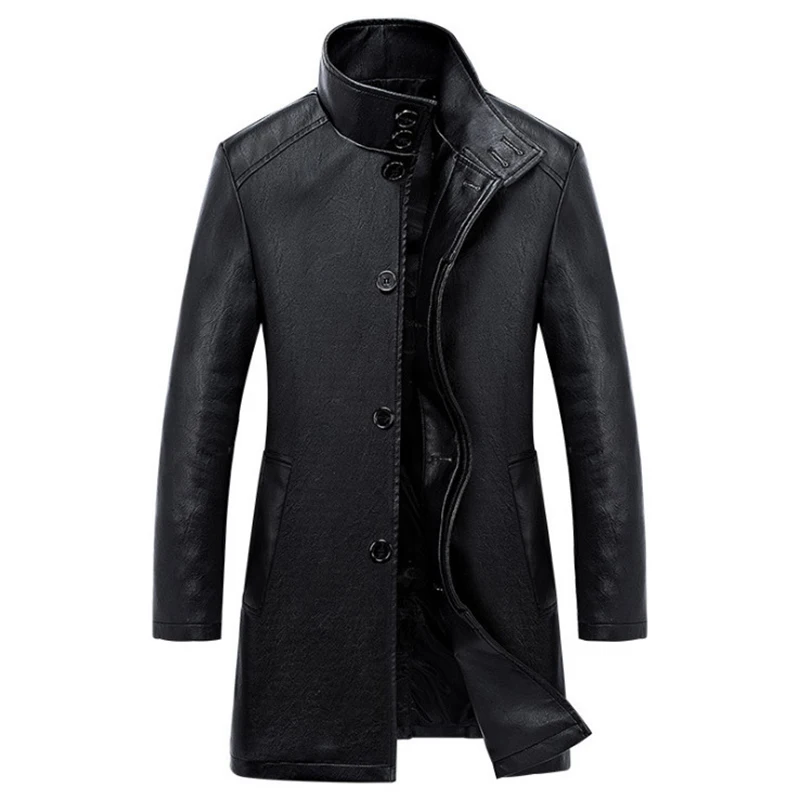 New Luxury Trench Leather Coat Mens Single Breasted Business Casual ...