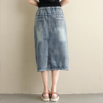 

new Women Froal Embroidery Denim Maxi Skirt 2019 Summer Elastic Waist Streetwear Vintage Jean Pencil Skirts Saia Femme