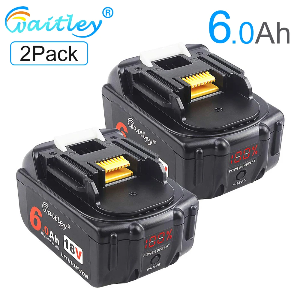 Waitley 2Pack 18V 6000mAh 6.0Ah Rechargeable For Makita Power Tools Battery with LED Li-ion Replace
