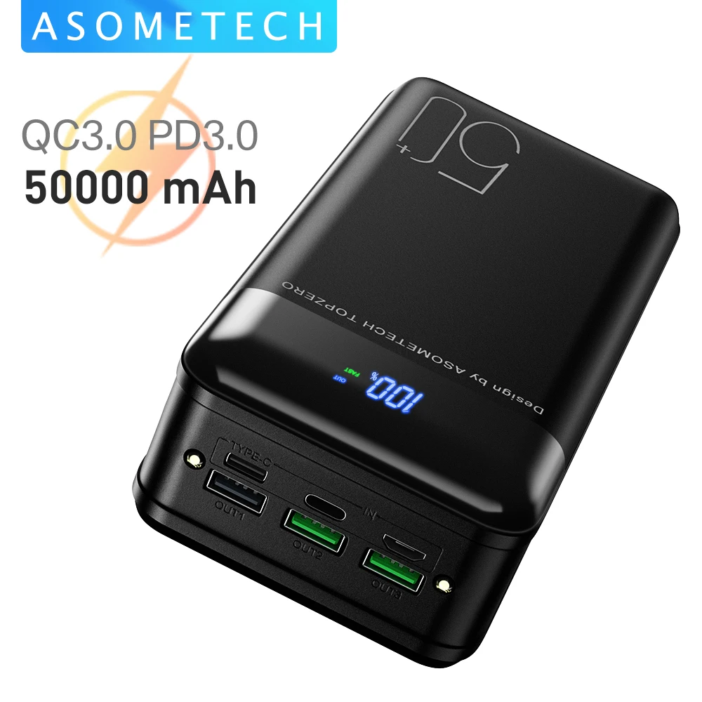 Power Bank 50000mAh 18W QC3.0 Быстрая зарядка LED Цифровой дисплей Портативное внешнее