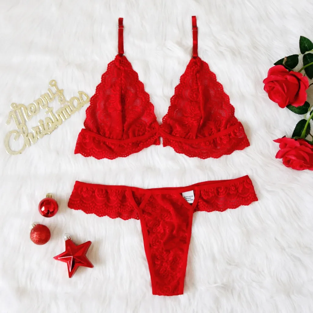 Lace Christmas Lingerie Set Fashion New Women Sexy Plus Size Bra Hollow Thong Underwear Lenceria Mujer Ropa Interior Hot Sale E