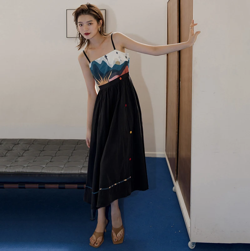 [EAM] Women Black Pattern Printed Long Spaghetti Strap Dress New Sleeveless Loose Fit Fashion Tide Spring Summer 2020 1DA358