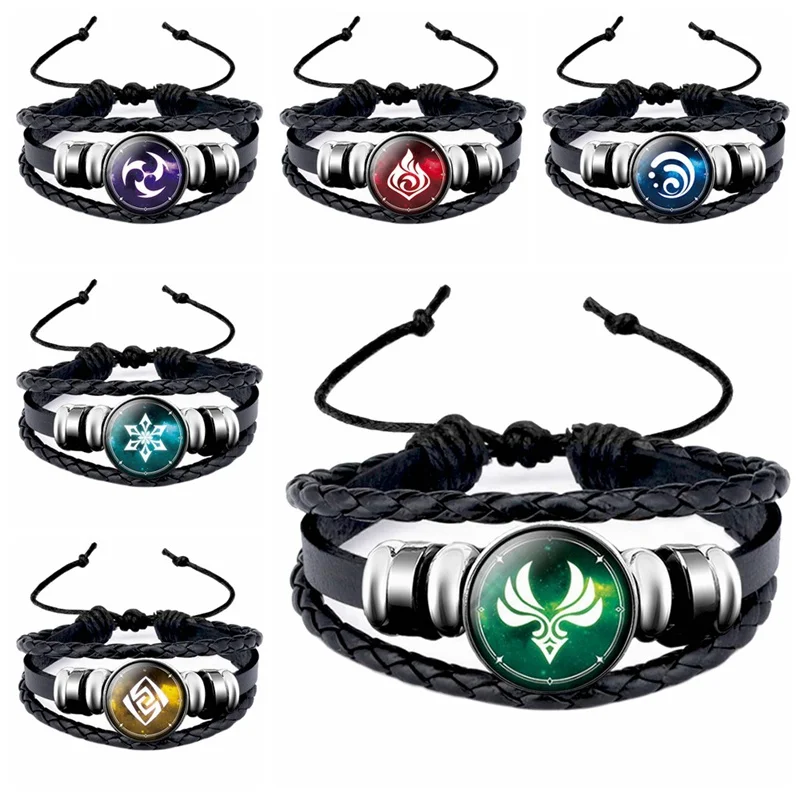 Genshin-pulsera de cuero de impacto con botón a presión, joyería para disfraz, regalo, Ojo de Dios, agua, viento, Thunder, fuego, Roca, hielo