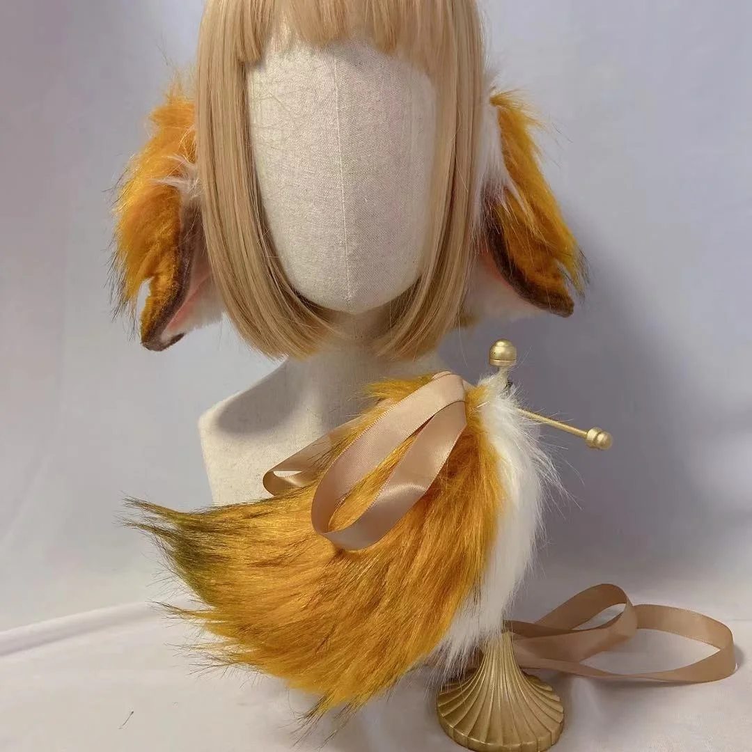 

New Golden Brown Holland Lop Bunny Rabbit Ears Hairhoop Headwear Headband Tail For Cosplay Game Costume Accessories