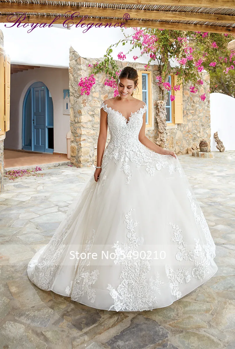 

2020 Hot Sale A Line Embroidery Lace Applique Wedding Dress Illusion Scoop Neckline Transparent Back Bride Dress