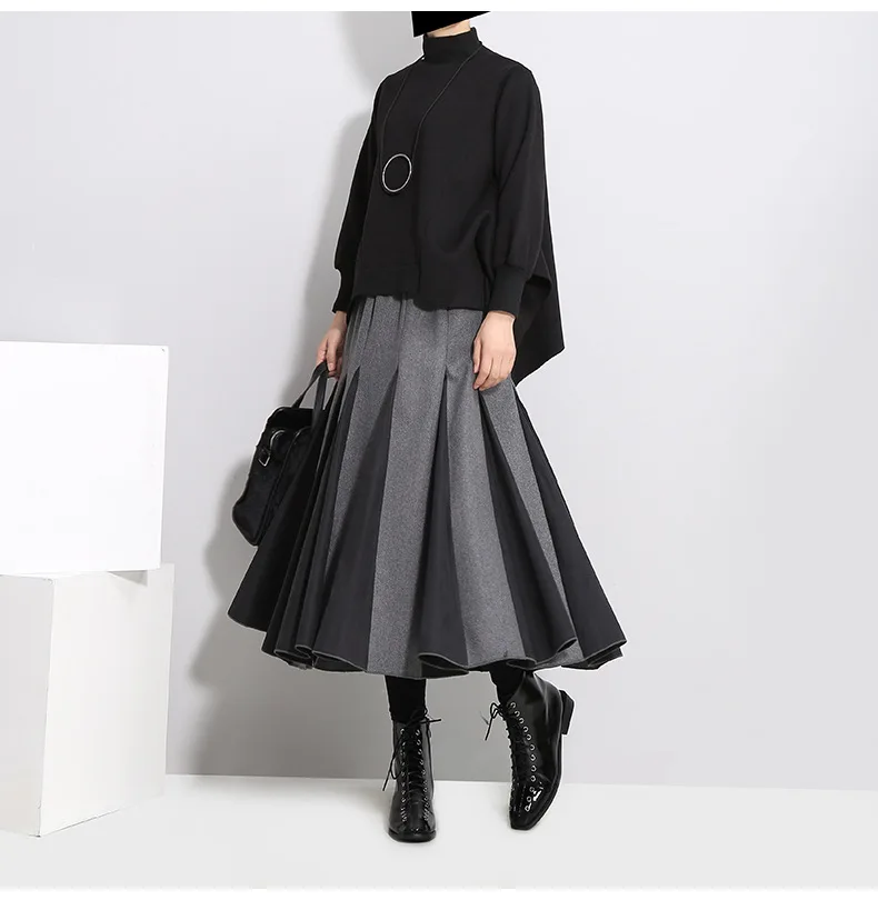 Autumn Winter Skirt Women Elegant Vintage Splice Draped Long Skirts Ladies High Waist Chic Simple A-line Skirts Muslim Clothing