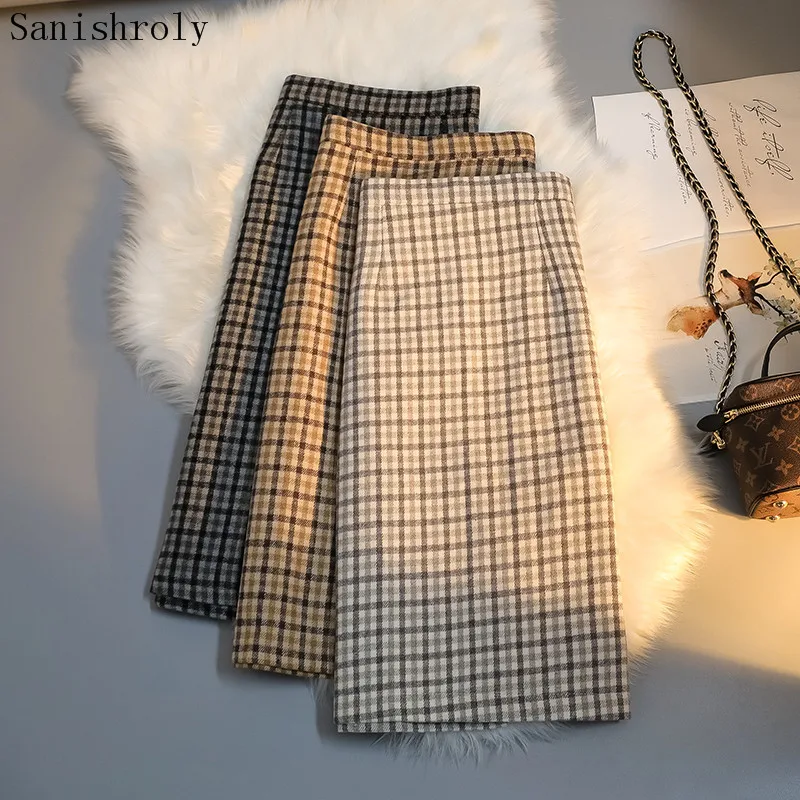 

2021 Autumn Winter Korea Woolen Plaid Skirt Women High Waist Split A-Line Slim Bodycon Skirt Office Lady Midi Long Pencil Skirts