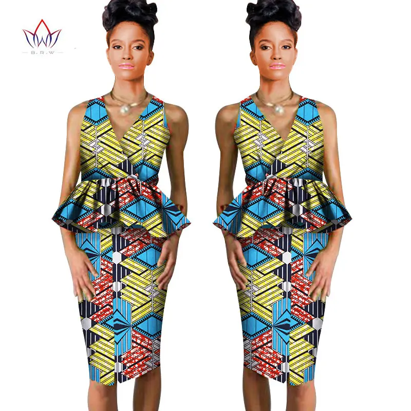 african dresses for women Dashiki v-neck skirt set sexy& club Bazin Riche africa print knee-length dress cotton 6xl BRW WY804 - Цвет: 10