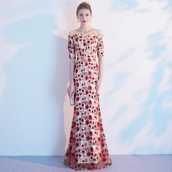 

Sexy Qipao Slim Maxi Prom Dress Mesh Chinese Style Print Flower Lady Evening Party Gown Elegant Mermaid Formal Party Dress