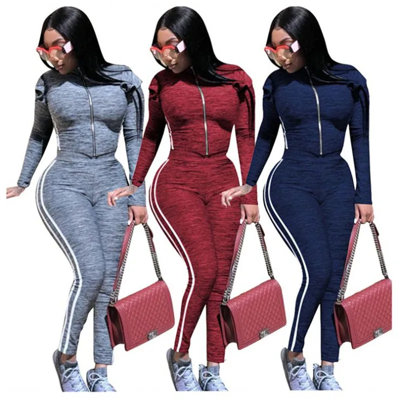 

Women's Tracksuit 2020 Fashion Ruffles Long Sleeve 2 pieces pant sets Outfits Stripe Zipper Casual Two Peice Set ropa de mujer