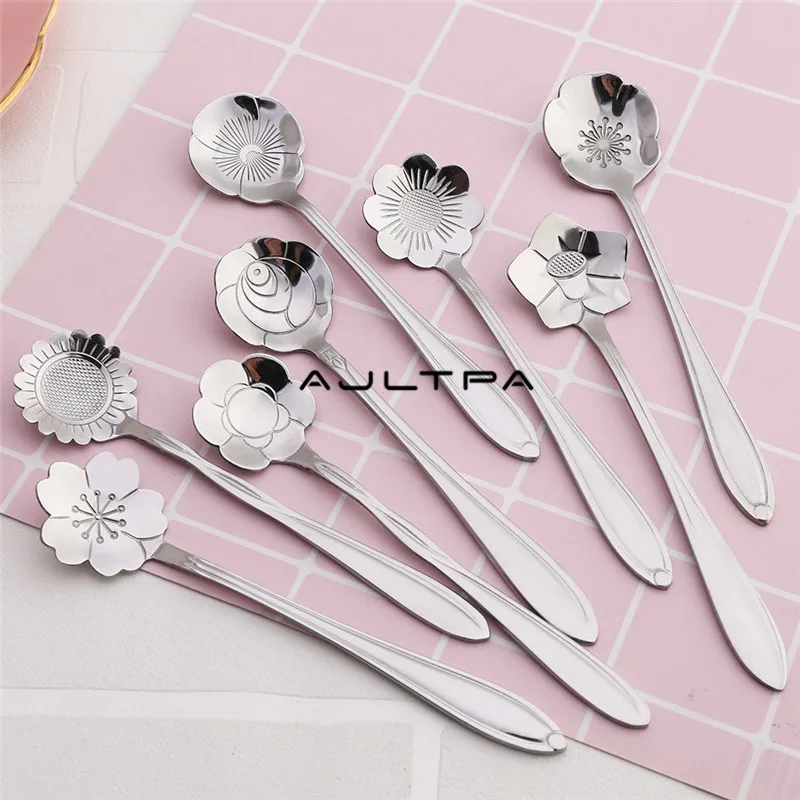 1200Pcs Stainless Steel Tea Coffee Spoon Juice Spoon Ice Cream Spoon Kitchen Tableware Creative Flower Shape Silver