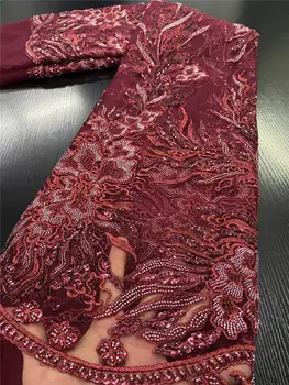 

XIYA Wine Handmade Lace African Tulle Lace Fabric 2020 High Quality Lace Embroidered French Beaded Lace Fabric Sewing QF3443B-3