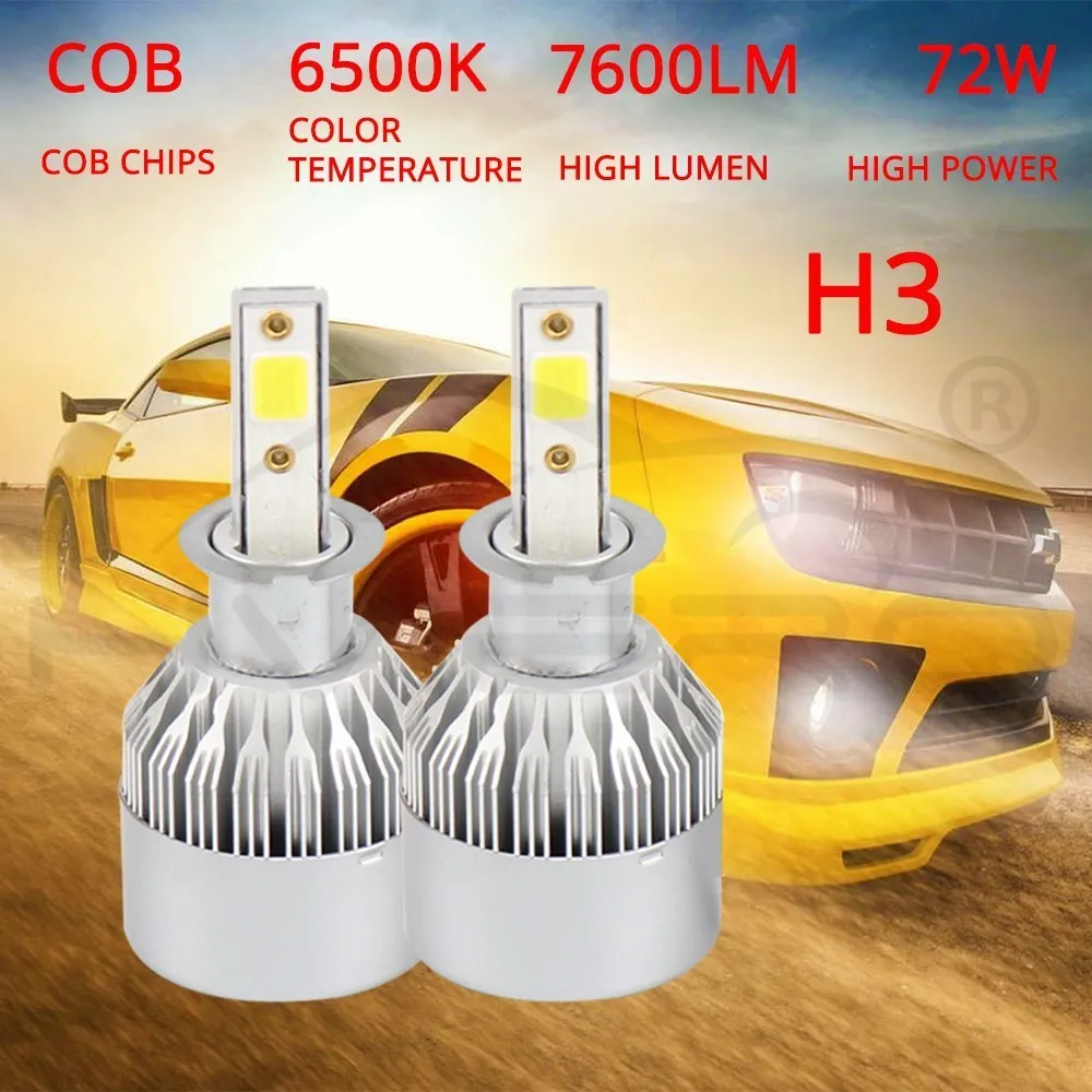 Hviero COB Car Head lights H3 Fog LED IP65 WaterProof 72W 7600lm Auto Front Bulb Automobile Headlamp Spot Bulb 6500K Car Lighting