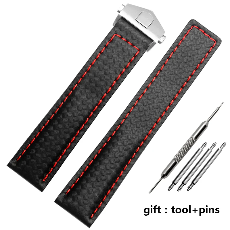 Textura de Fibra de Carbono Couro Genuíno Pulseira Inferior para a Marca Pulseiras Cintas Masculinas 19 mm 20 mm 22 mm com Fivela Dobrável - Image 4
