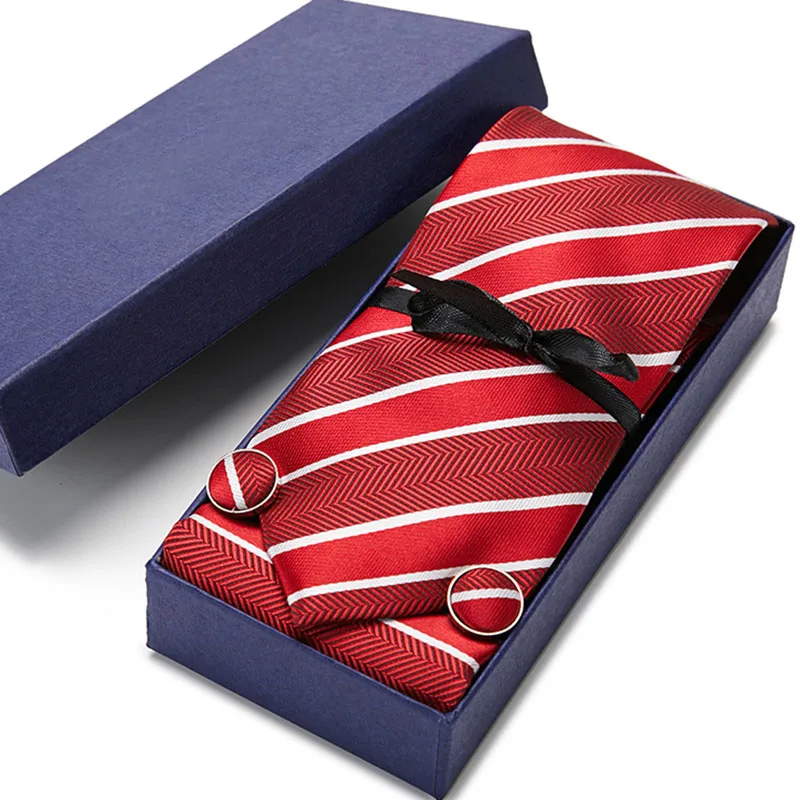 

Luxury Red Striped 7.5cm for Men Formal Wedding Party 100% Silk Tie Set Business Hanky &Handkerchief &Cufflink Tie Gift Box