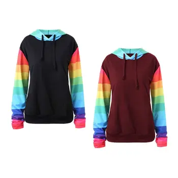 

Womens Rainbow Color Block Stripes Hoodies Long Sleeve Drawstring Sweatshirt Top Y1AC