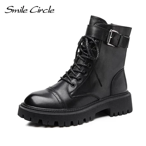 Smile Circle Cow Leather Ankle Boots Women Platform Boots Ladies Shoes British style zipper Hasp Short Motorcycle Boots Autumn