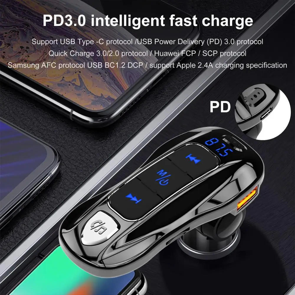 Bluetooth 5,0 автомобильный fm-передатчик PD QC 3,0 быстрое зарядное устройство Поддержка громкой связи U диск TF карта MP3 плеер Обнаружение напряжения батареи