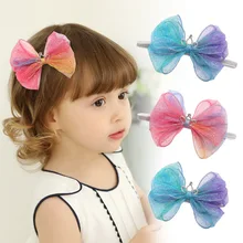 90701 кристальная Радужная лента для волос с бантом в европейском и американском стиле, стиль, Детские аксессуары для волос, марлевые заколки для волос с блестками