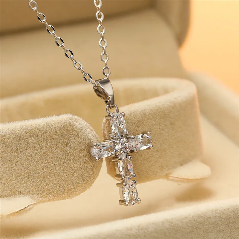 Luxury Female White Crystal Pendant Necklace Charm Silver Color Chain Necklaces For Women Cute Bridal Cross Wedding Necklace