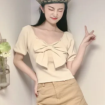 

ETOSELL Women's T Shirt Japan Style Solid Bow Decor Casual Knitted Short Sleeve T Shirt