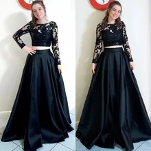 Новое поступление, черные Выпускные платья из двух частей,, vestido de festa, длинные рукава, платья для выпускного вечера, аппликация, кружева, а-силуэт, вечерние платья