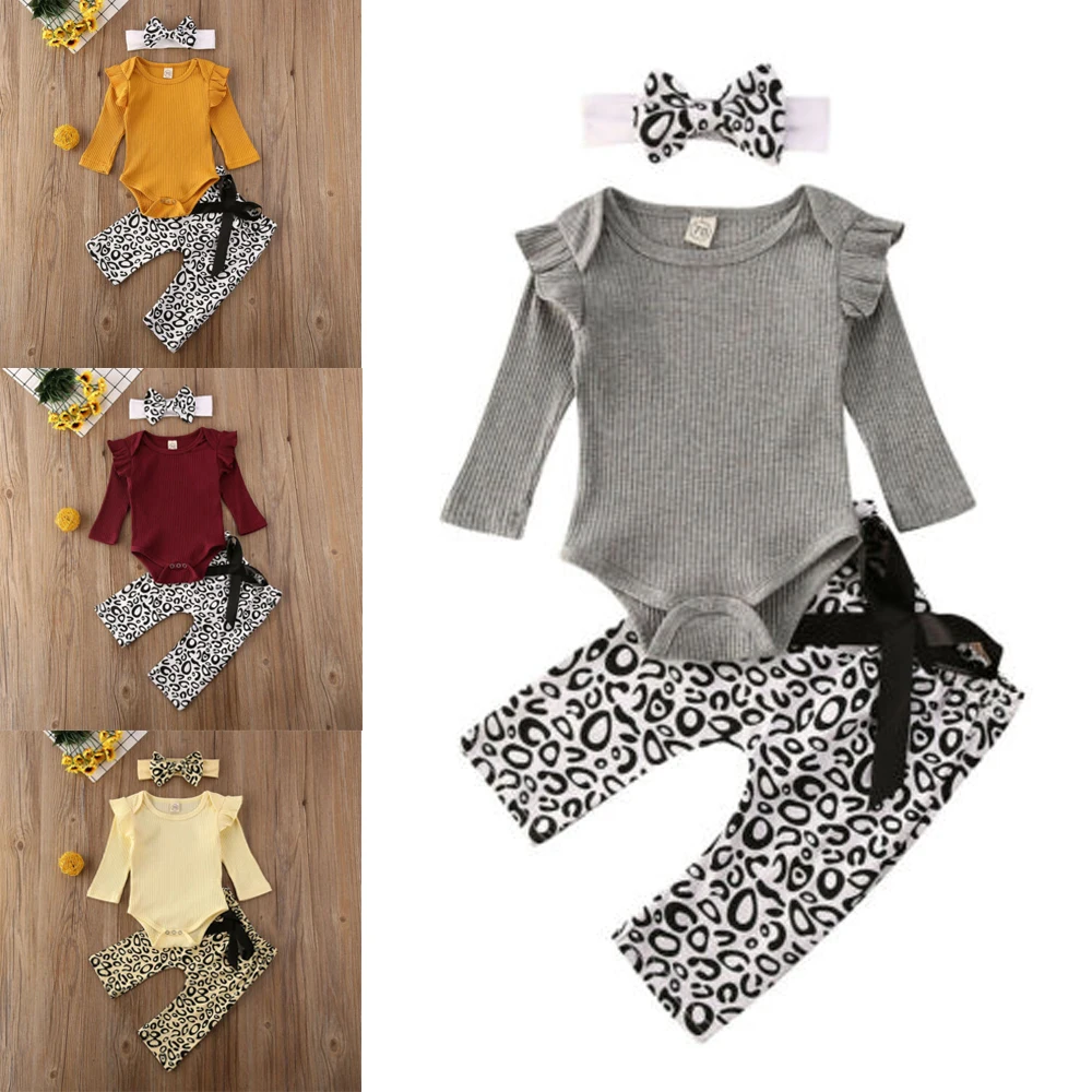 Emmababy Одежда для новорожденных девочек Ползунки с оборками и длинными рукавами, топы, лоскутные с бантом, леопардовые штаны повязка на голову, комплект одежды