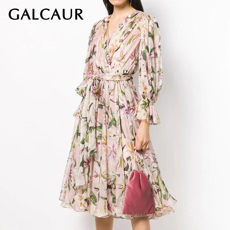

GALCAUR Vintage Print Dress Women V Neck Flare Sleeve High Waist Lace Up Bowknot Midi Dresses Female Spring Fashion Clothes 2020