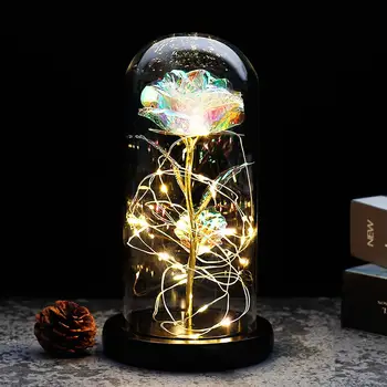 

New Flashing colorful LED night with Black Base Galaxy Rose In Flask Flower In Glass Dome For Valentine'S Day Gift Wedding Deco