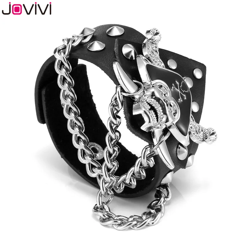 Jovivi 1x черный кожаный Металлический Шип Шипованная заклепка с черепом в стиле Панк-Рок Байкер Широкий ремешок браслет для женщин мужчин регулируемый браслет