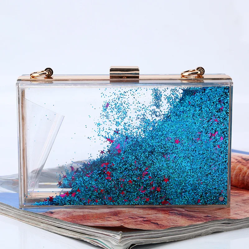 

Cross Border Hot Selling Evening Bag Double-Sided Liquid Quicksand Acrylic Bag Debutante Translucent Evening Clutch Bag