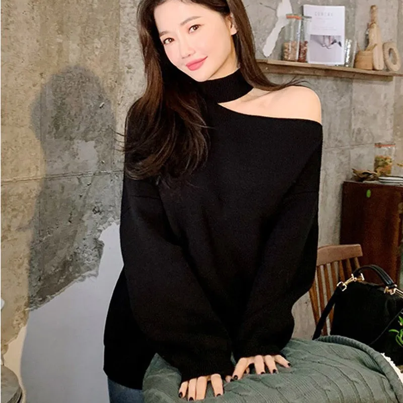 New fashion Female Off-shoulder halter Slim Bottom Sweater Solid Color Loose Split Long-Sleeved Autumn Winter Women