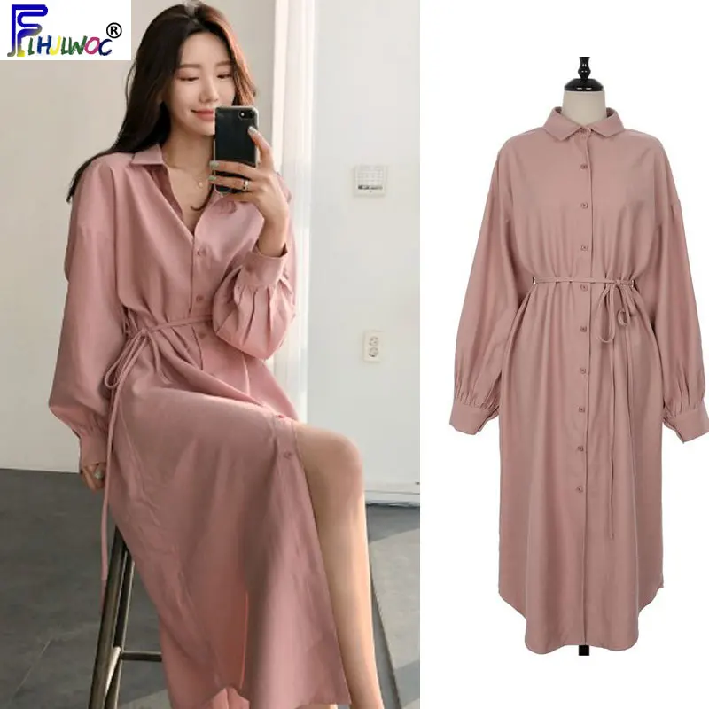 

Loose Dresses Long Women Long Sleeve Autumn Fall Design Korean Japan Style Preppy Tempereament Lady Button Shirt Dress