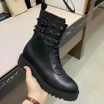 

2019 New Fashion Autumn/Winter Genuine Leather Women Boots Luxury Shoes Women Designers Round Toe Hoof Heels Women Boots
