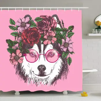 

Shower Curtain Set with Hooks 66x72 Clothes Hipster Husky Glasses Wreath Lady for Thoroughbred Dog Pet Animals Wildlife Beauty