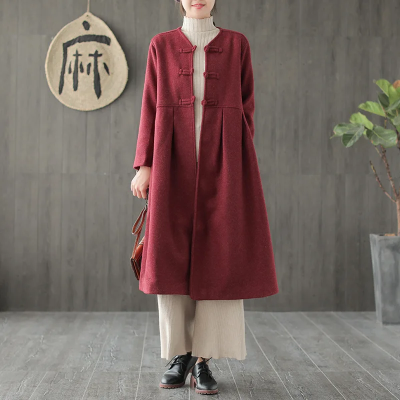 

National Wind Retro Solid Color Frog Woolen Coat Chinese-style High-waisted Thick Warm Mid-length Casual Coat Women's