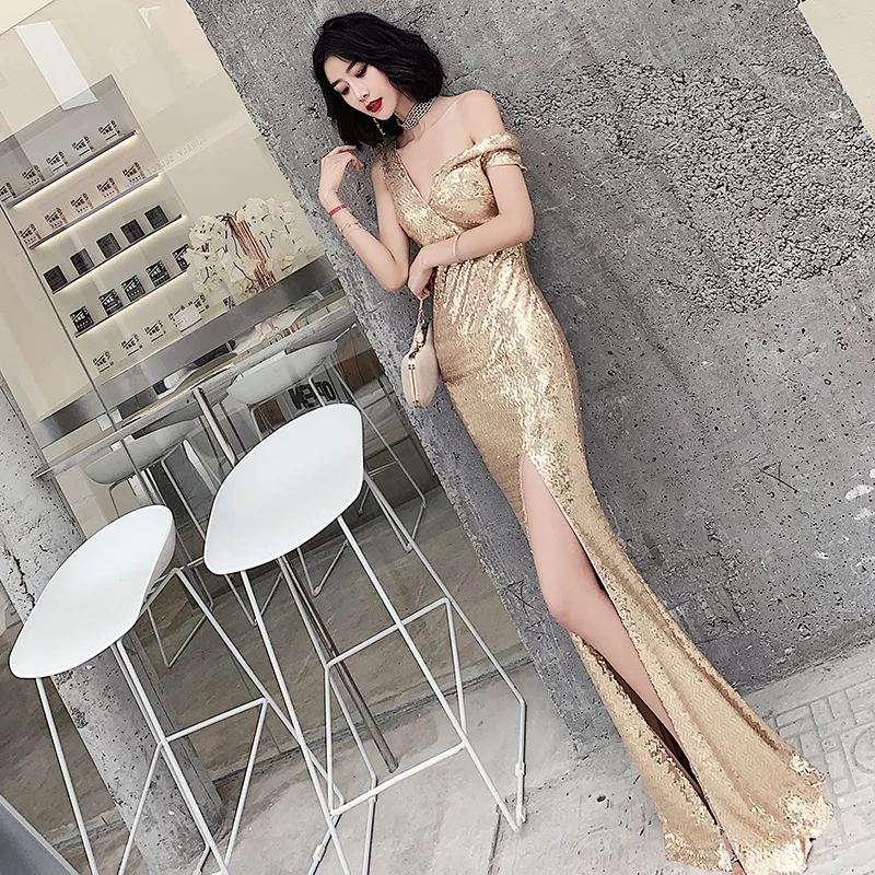 YiiYa длинное вечернее платье с золотыми блестками, вечерние платья элегантного размера плюс с v-образным вырезом, вечерние платья с разрезом, vestidos de fiesta LF098