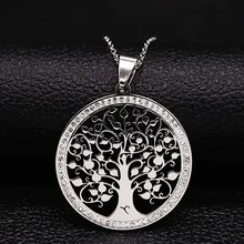 Tree of Life Crystal Stainless Steel Statement Necklace Women Silver Color Necklace Jewelry Christmas Gift collar mujer N19836