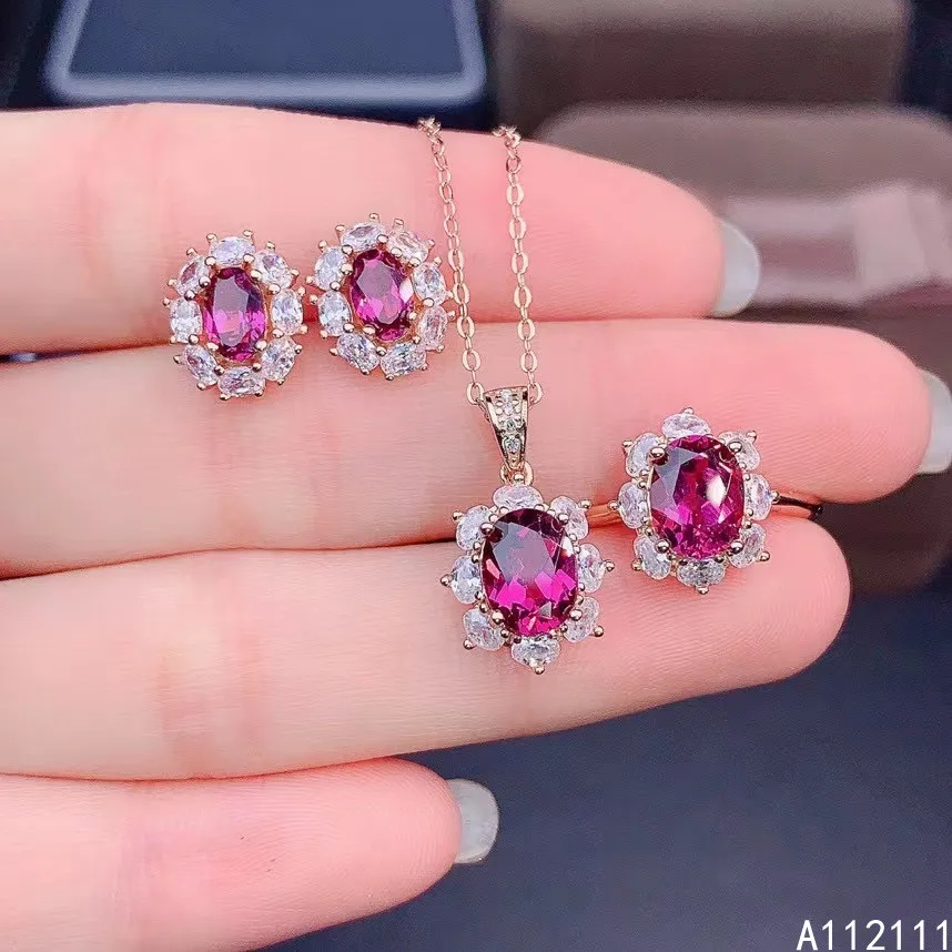 

Fine Jewelry 925 Pure Silver Inset With Natural Gem Women's Luxury Lovely Flower Pyrope Garnet Pendant Ring Earring Set Support