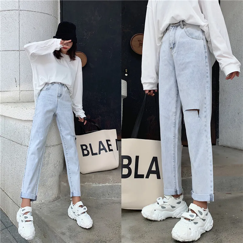 S-xl Осень корейский шик стиль женские рваные джинсы женские повседневные шаровары с высокой талией для женщин длинные брюки(Z8637