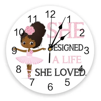 

Circular Wall Clock Pink Afro Little Ballerina Girl Wall Clock Home Decor Bedroom Silent Oclock Watch Wall for Living Room