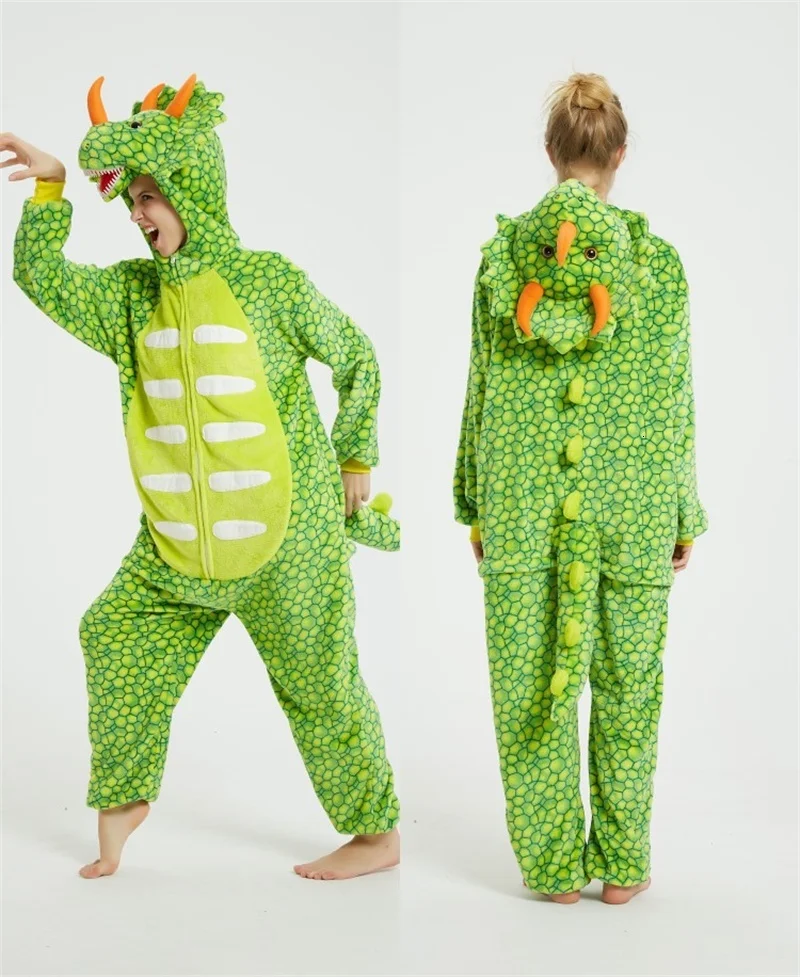 Green Triceratops Onesies Cartoon Kigurumi Adult Animal Jumpsuit Women Pajamas Winter Pajamas Suit Sleepwear Flannel Pijamas