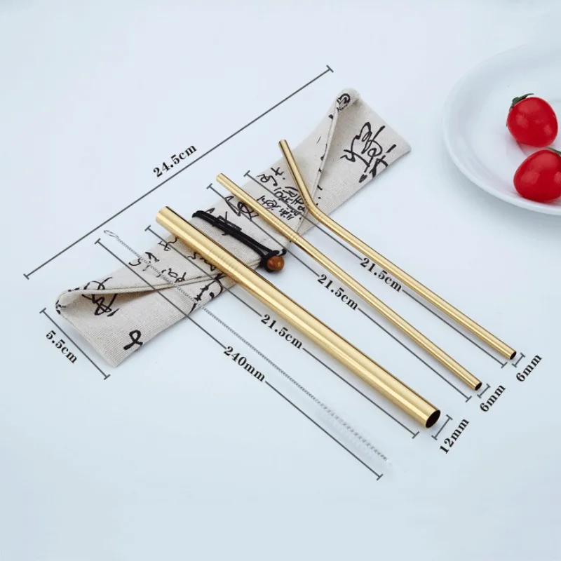 4pcs/Set Reusable 304 Stainless Steel Straw Barware Metal Drinking Straight Straws with Brush Bag Travel Outdoor Bar Accessories