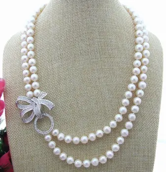 

NEW Design Natural freshwater pearls 2Strands 8-9MM White Pearl Necklace 20"