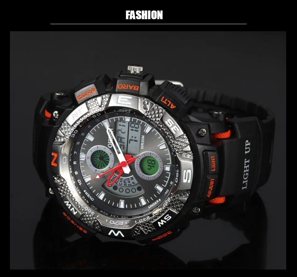 

OHSEN Digital Quartz Men Sport Waterproof Wristwatch Dual time Silicone man Watch Orange Militar male running clock reloj hombre