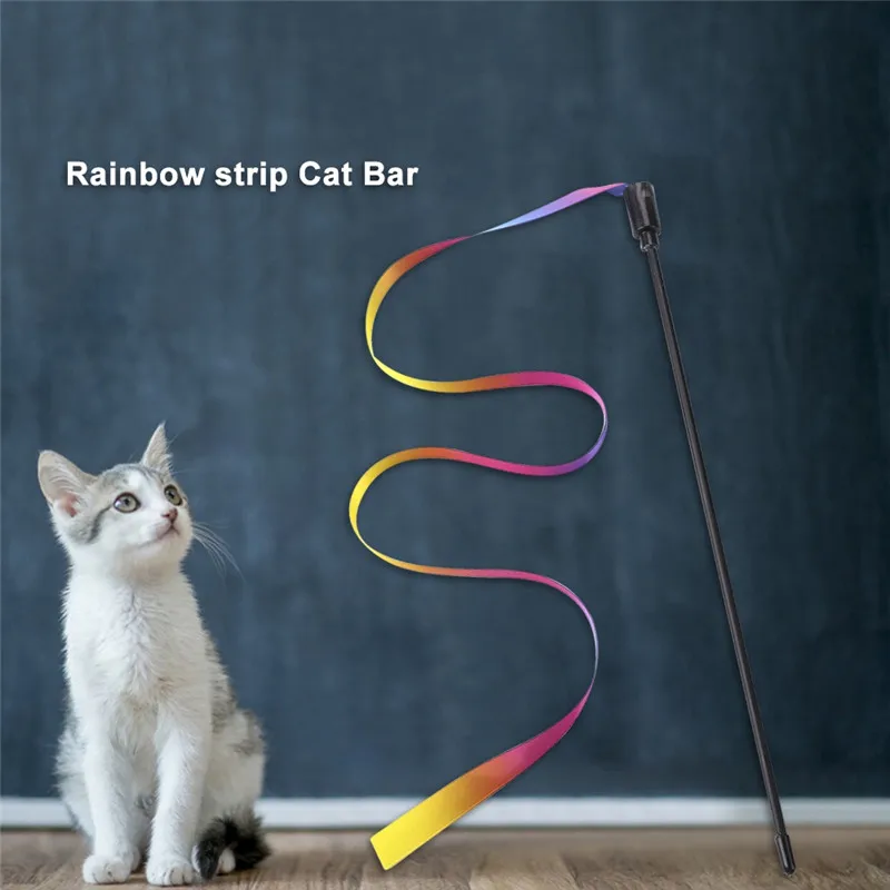 28cm Funny Cat Stick Cat Interactive Toy Double-sided Rainbow Ribbon Cat-teaser Stick Rainbow Ribbon Kitten Training Cat Supply