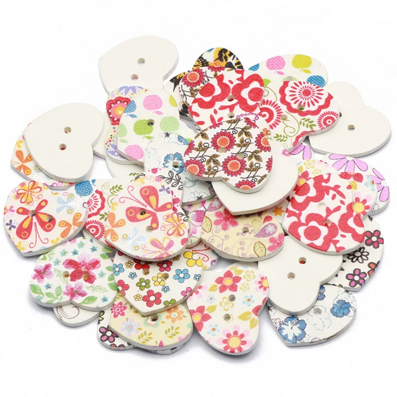100pcs 25mm Heart Wooden Buttons 2 Holes Mixed Colors Flower Pattern Printed Heart Buttons Wood Decorative Button for Sewing Scrapbooking DIY