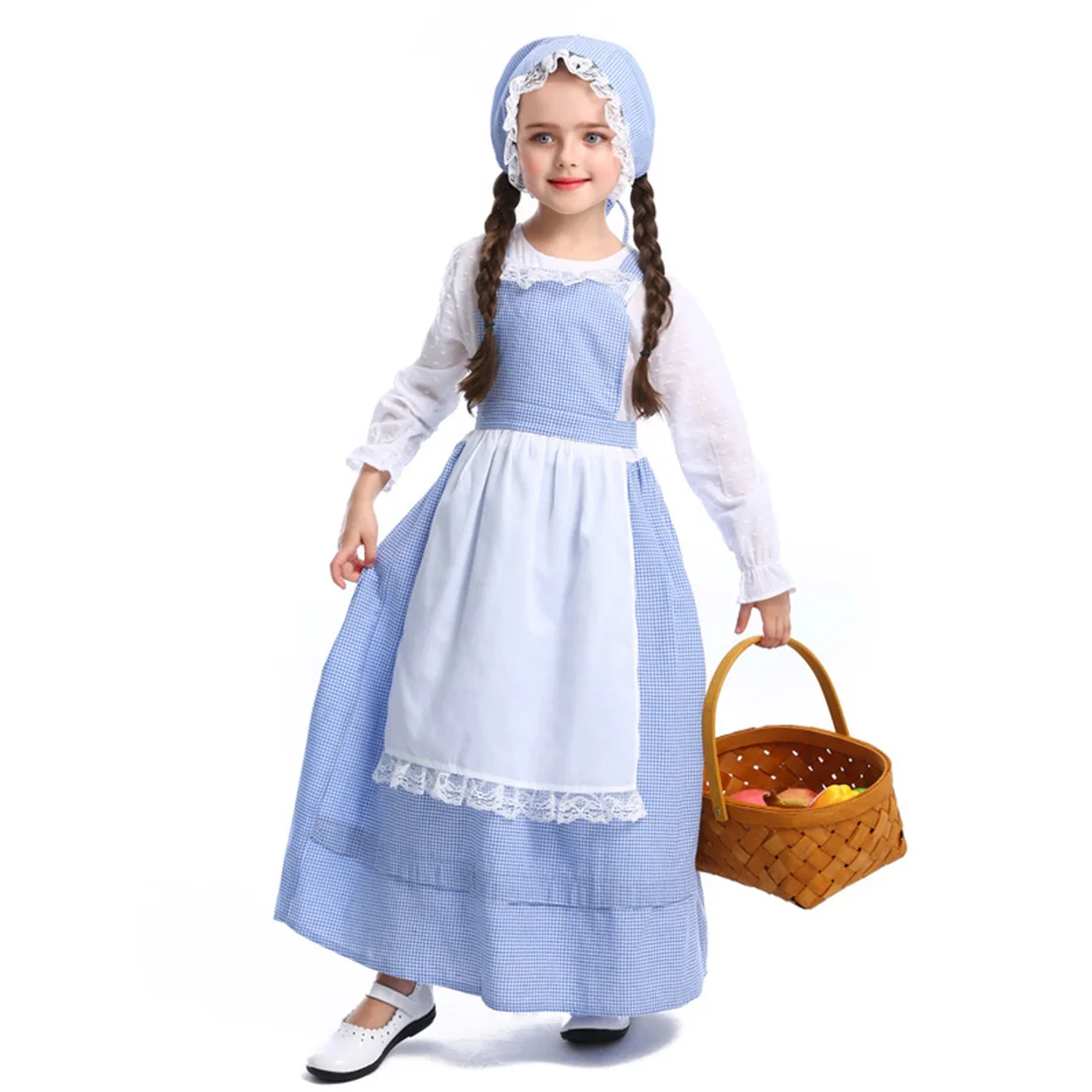 

2020 New Pastoral Style Children Maid Pretend Play Cosplay Costume Grid Lace Long Sleeve Dress - Blue XS/S/M/L
