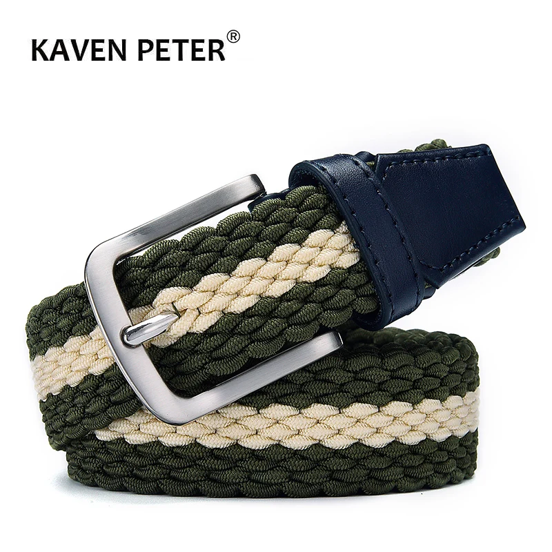 Men/'s Belt Elastic Stretch Waistband Woven Leather Tip Silver Buckle Male Straps